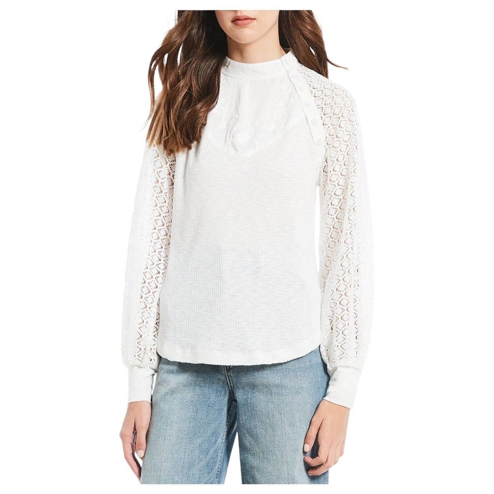 Free People Top Womens S Sweetest Thing Waffle Embroidered Boho Peasant Ivory - Picture 16 of 16